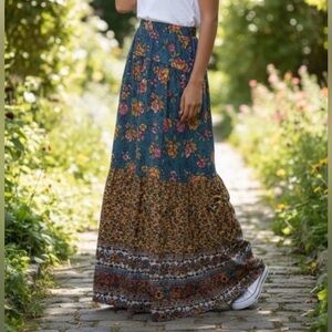 NATURAL LIFE Teal Mustard Boho Floral Tiered Patchwork Floral Maxi Skirt M NWT